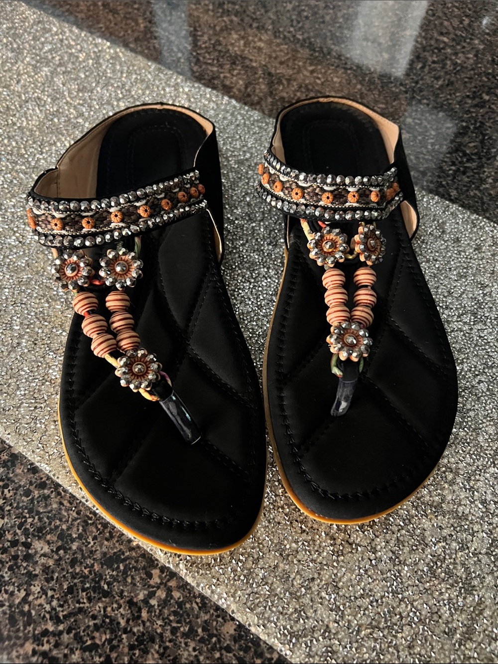 Embellished Black Beaded Thong Sandals - Women's